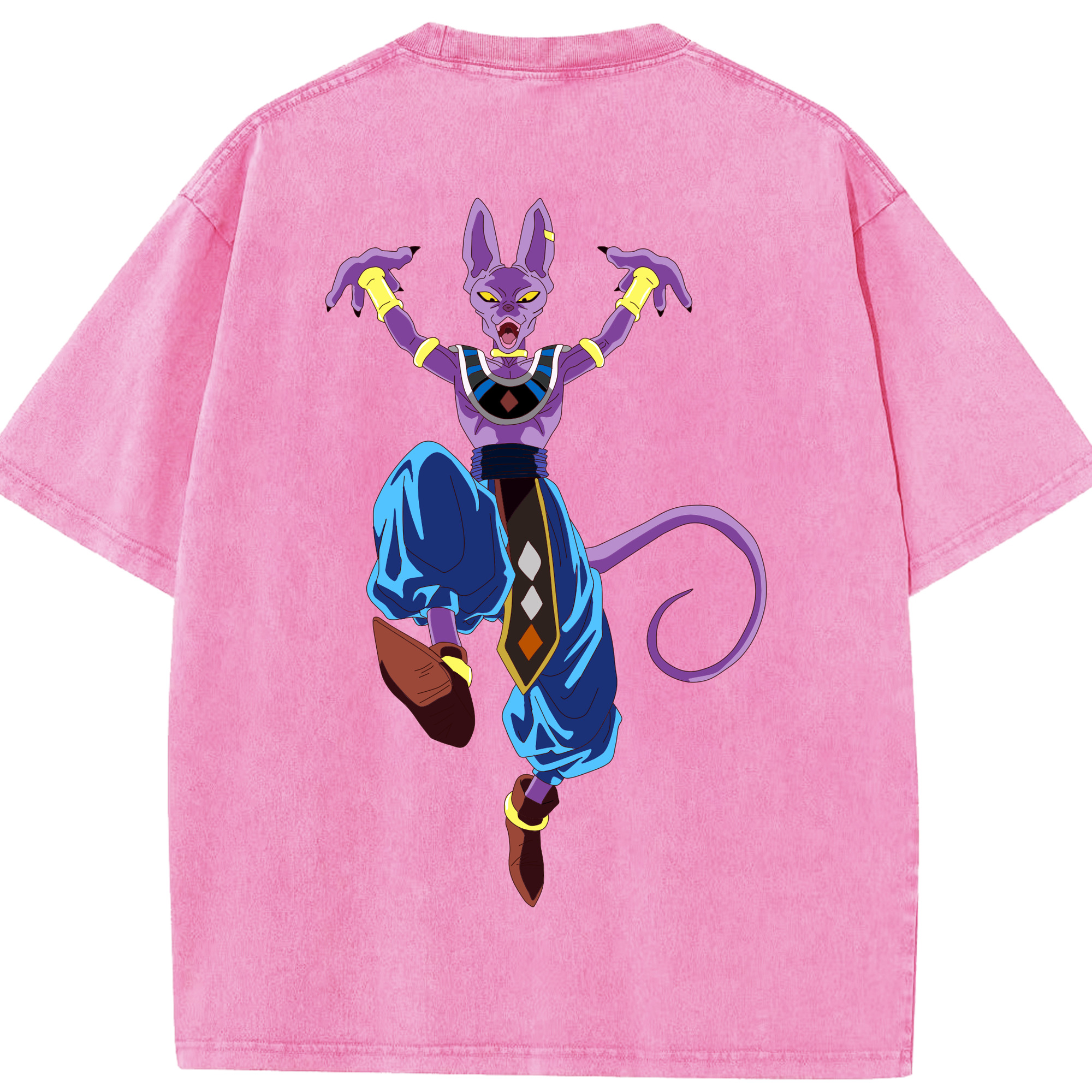 （画像用） ドラゴンボール ビルス 破壊神ビルス DRAGON BALL Beerus Birusu 綿100% ヴィンテージ風 半袖Tシャツ（背面プリント）